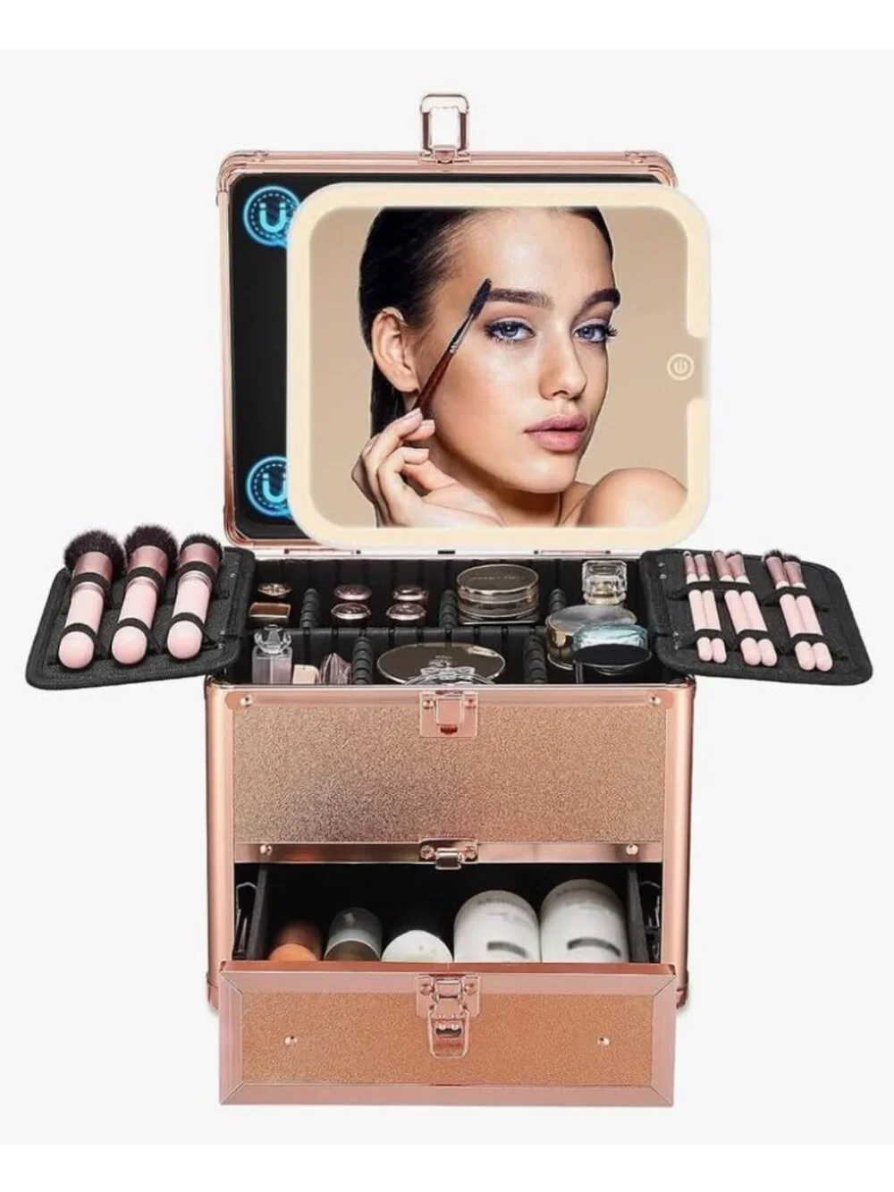 NEW! Travel Makeup Bag with Led Mirror, Hard Shell Case with 6 Detachable